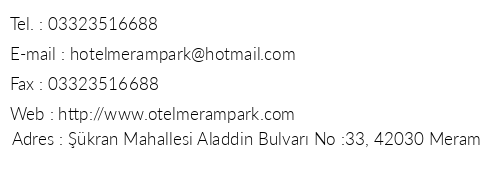 Meram Park Hotel telefon numaralar, faks, e-mail, posta adresi ve iletiim bilgileri